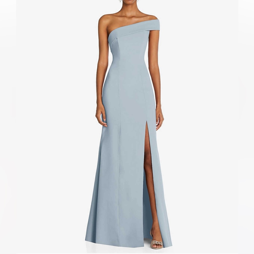 AFTER SIX ASYMMETRICAL OFF-THE-SHOULDER CUFF TRUMPET GOWN FRONT SLIT IN MIST
